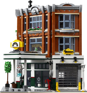 Toy building set with multiple stories and detailed facade on a white background