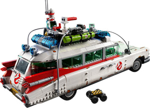 LEGO model of a vehicle resembling the Ecto-1 from 'Ghostbusters' on a white background