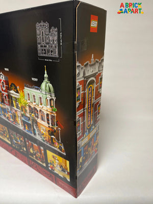 LEGO box with detailed cityscape design on a white background