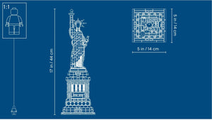 Blueprint-style diagram of a building model with measurements on a blue background