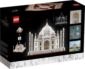 LEGO Taj Mahal set packaging with detailed illustrations on a black background