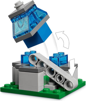 LEGO structure with blue and gray elements on a white background