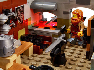 LEGO figure in a kitchen setting with various kitchen items and a character with a beard.