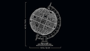 Technical drawing of a spherical object with dimensions on a black background