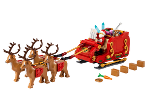 LEGO Santa's sleigh with reindeer and presents on a white background