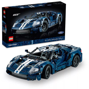 LEGO Technic Ford GT model car with packaging on a white background