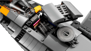Close-up of a LEGO model with detailed components on a transparent background