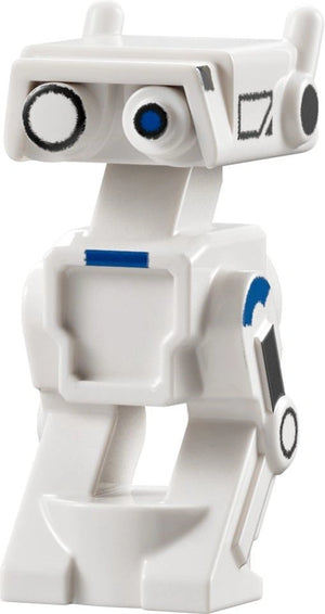 White toy figure with blue accents on a white background