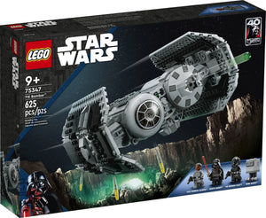 LEGO Star Wars TIE Bomber set packaging with characters and text on a dark background