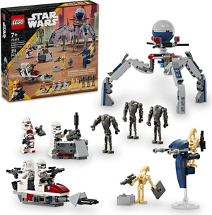 LEGO Star Wars set with various figures and a box on a white background