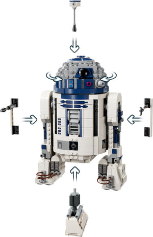 LEGO model of R2-D2 from Star Wars on a white background