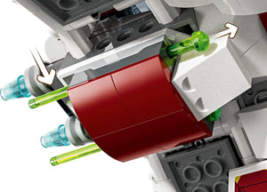 Close-up of a LEGO model with red, gray, and green pieces on a white background
