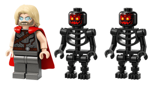 Two LEGO minifigures, one resembling a superhero with blonde hair and red cape, and the other two identical skeleton figures with glowing eyes.