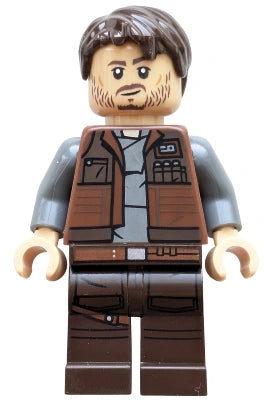 LEGO figure of a character with a brown vest and pants on a white background