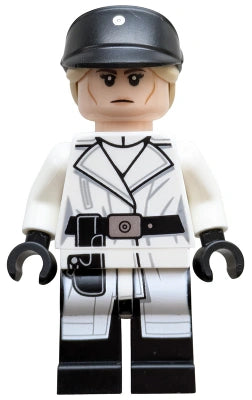 LEGO minifigure in a white and black outfit with helmet on a white background