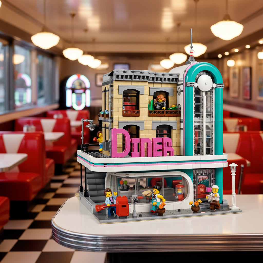 LEGO model of a diner with various elements and figures on a white background