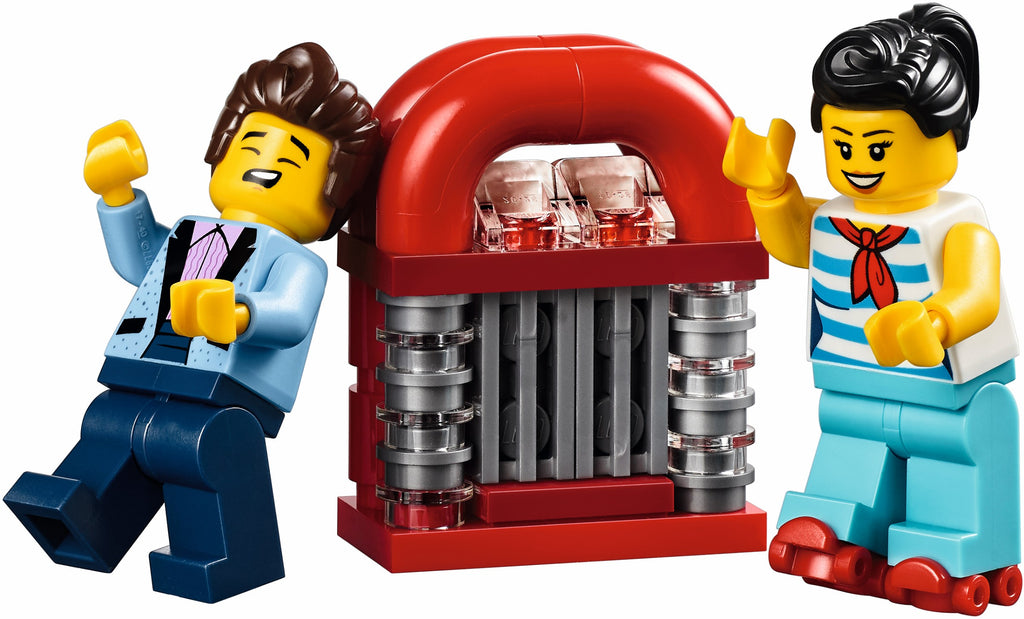LEGO figures with a jukebox on a white background
