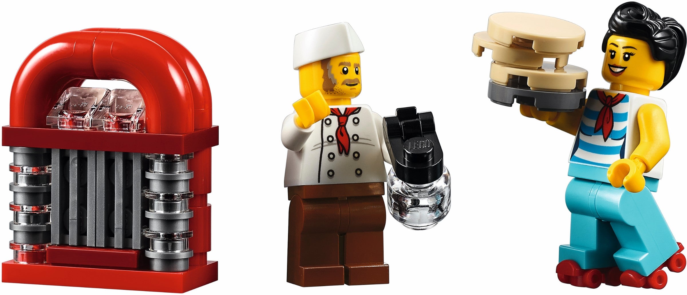 Two LEGO minifigures with a red jukebox-like object.