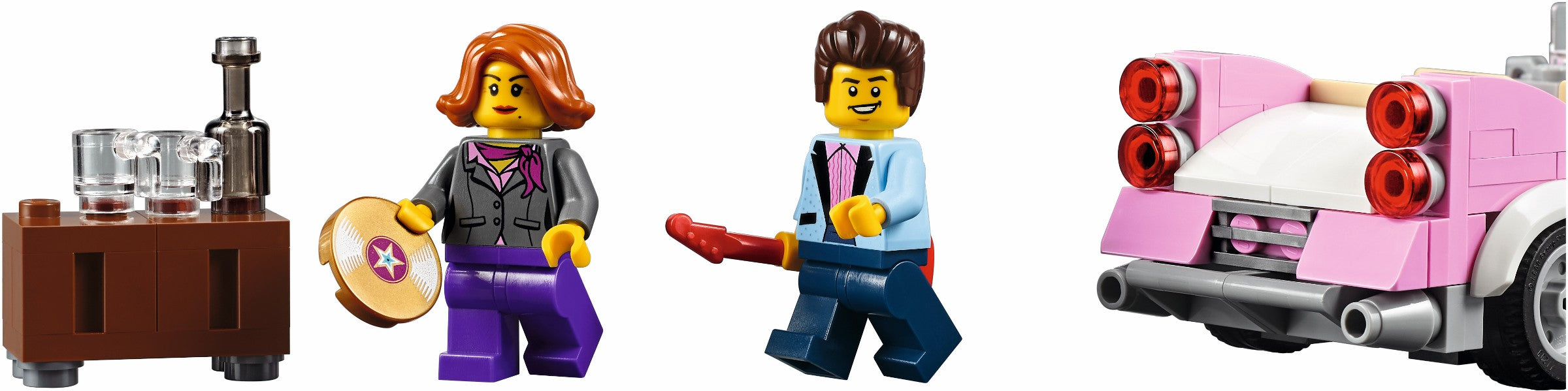 Two LEGO figures and a pink car with red lights on a white background