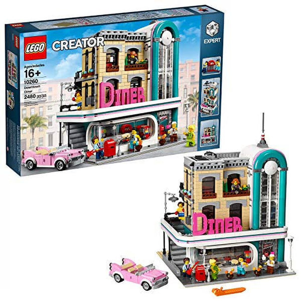 LEGO Creator Downtown Diner set with packaging and model on a white background