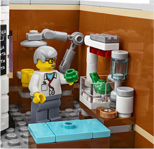 LEGO figure of a scientist in a lab setting with various scientific equipment.