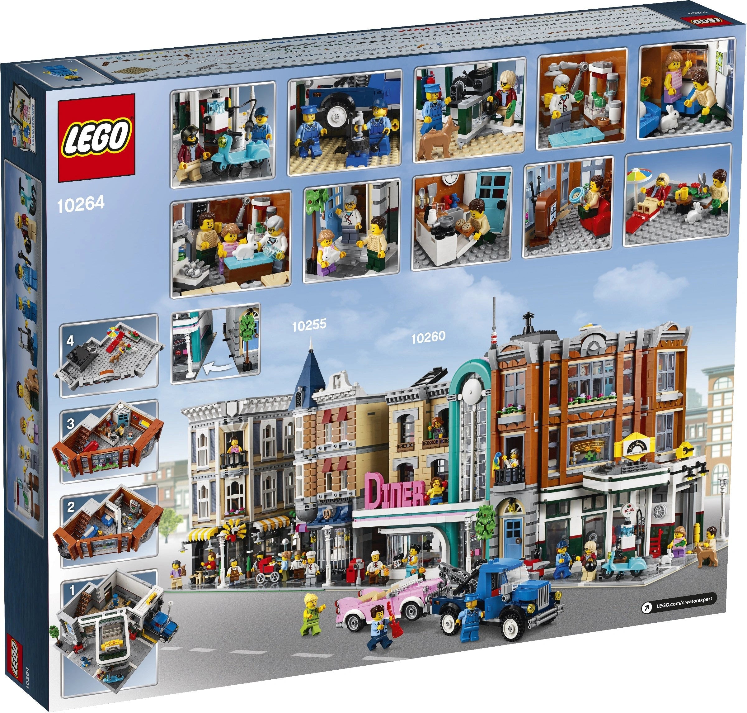 LEGO set packaging with city street scene and building images
