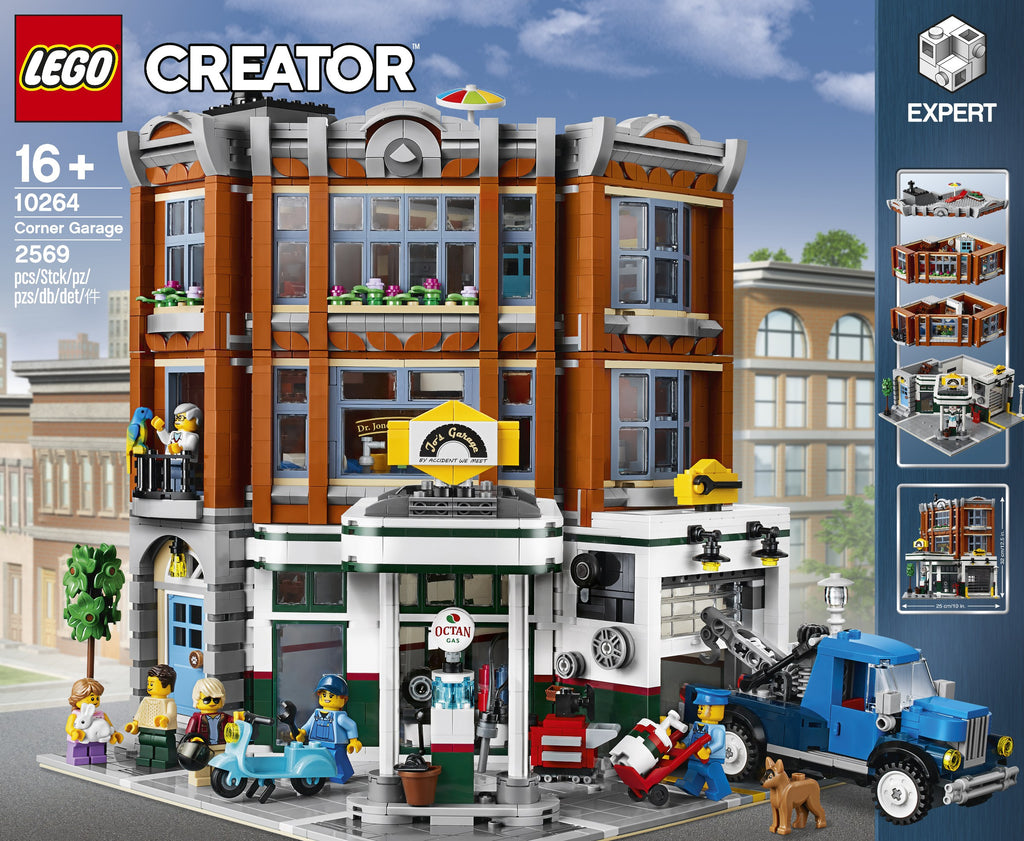 LEGO Creator Corner Garage set with detailed building and accessories on a city street background.