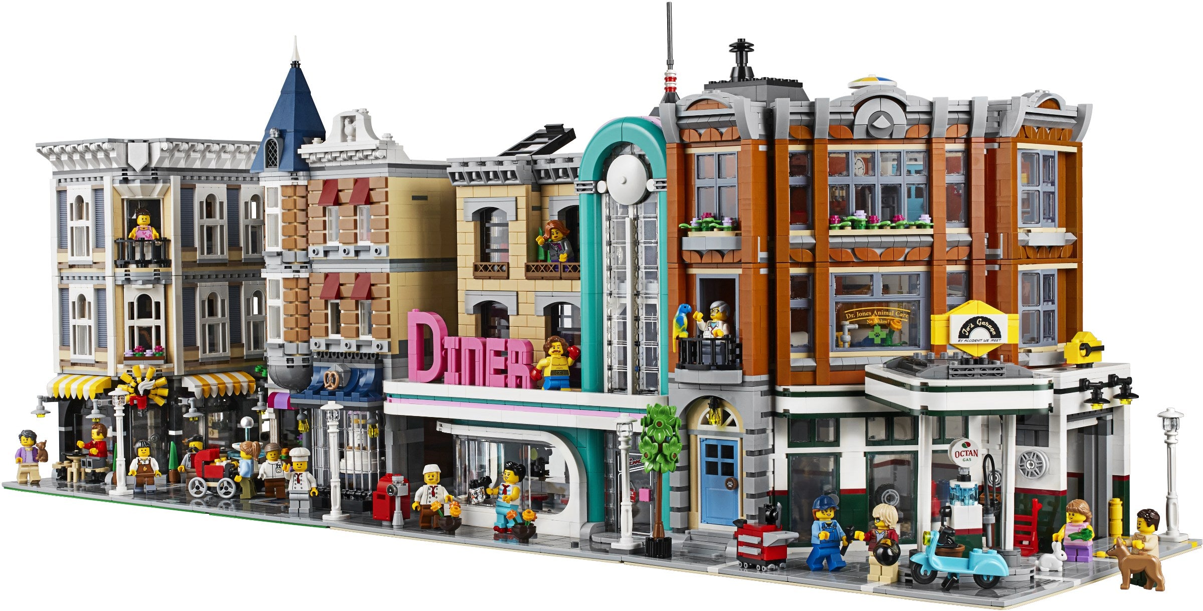 LEGO model of a diner with various figures and details on a white background