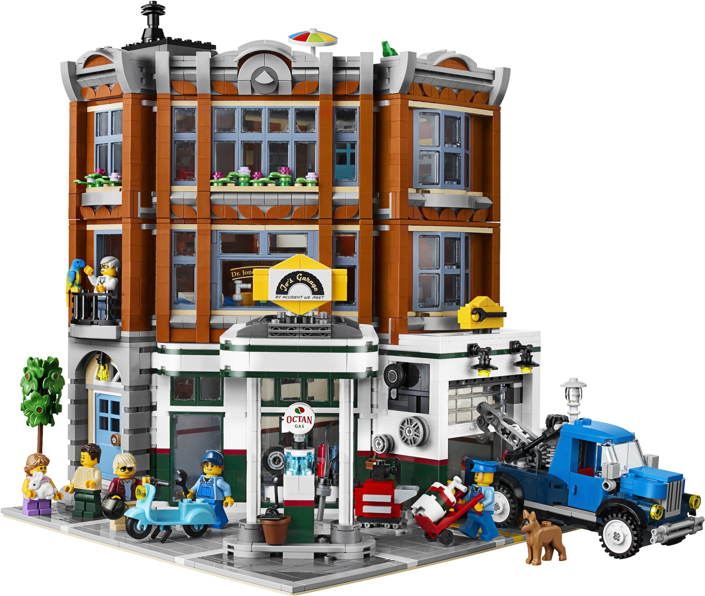 LEGO model of a city street with buildings, vehicles, and people