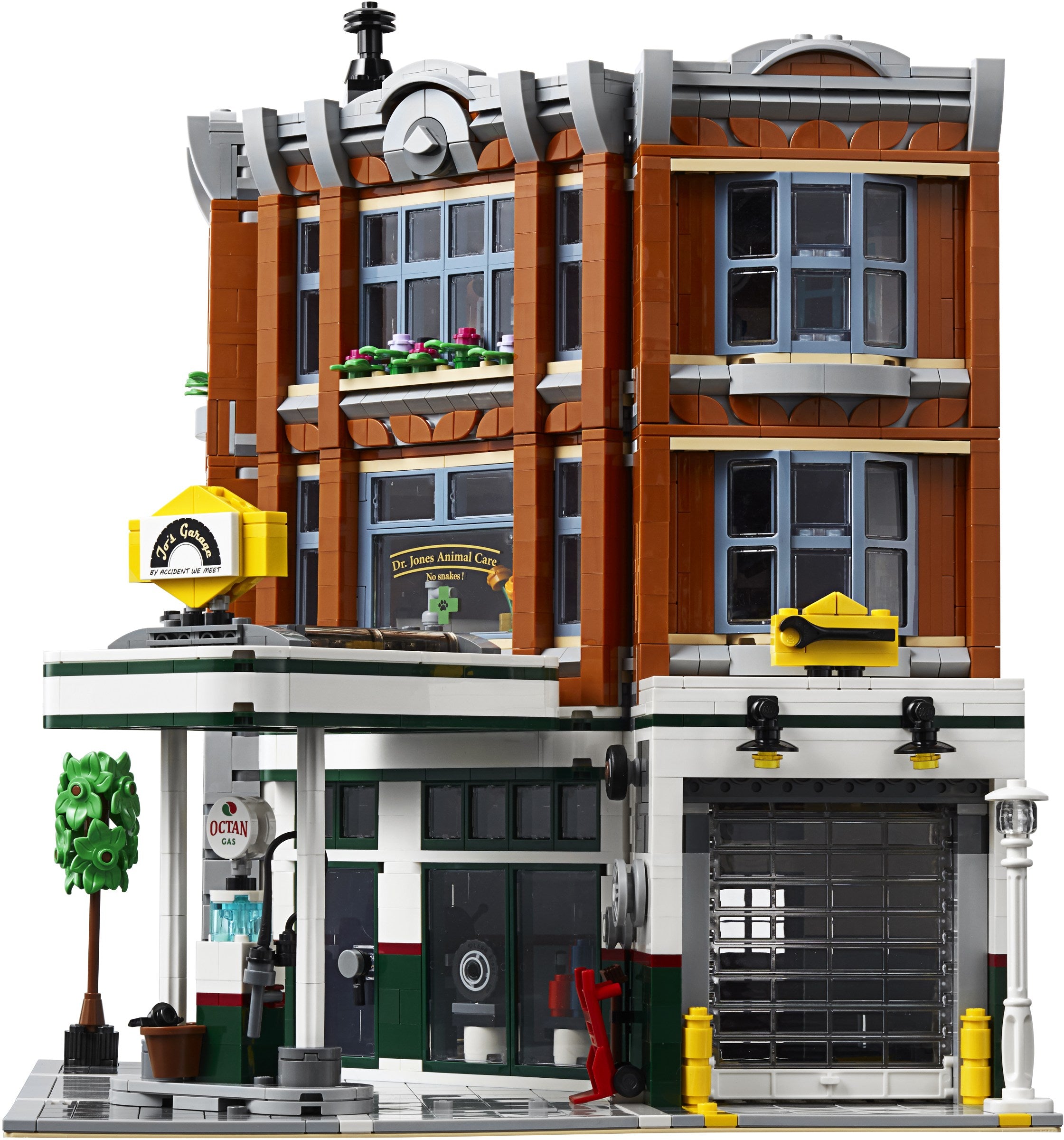 Toy building set with detailed architecture and street elements on a white background