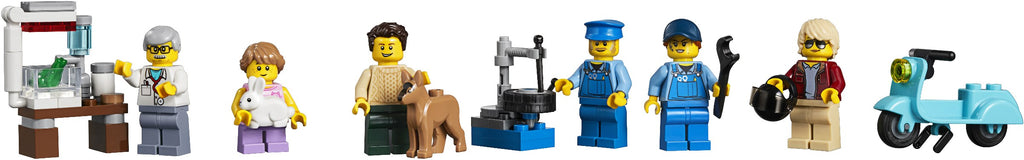 Set of LEGO minifigures with various poses and accessories on a white background