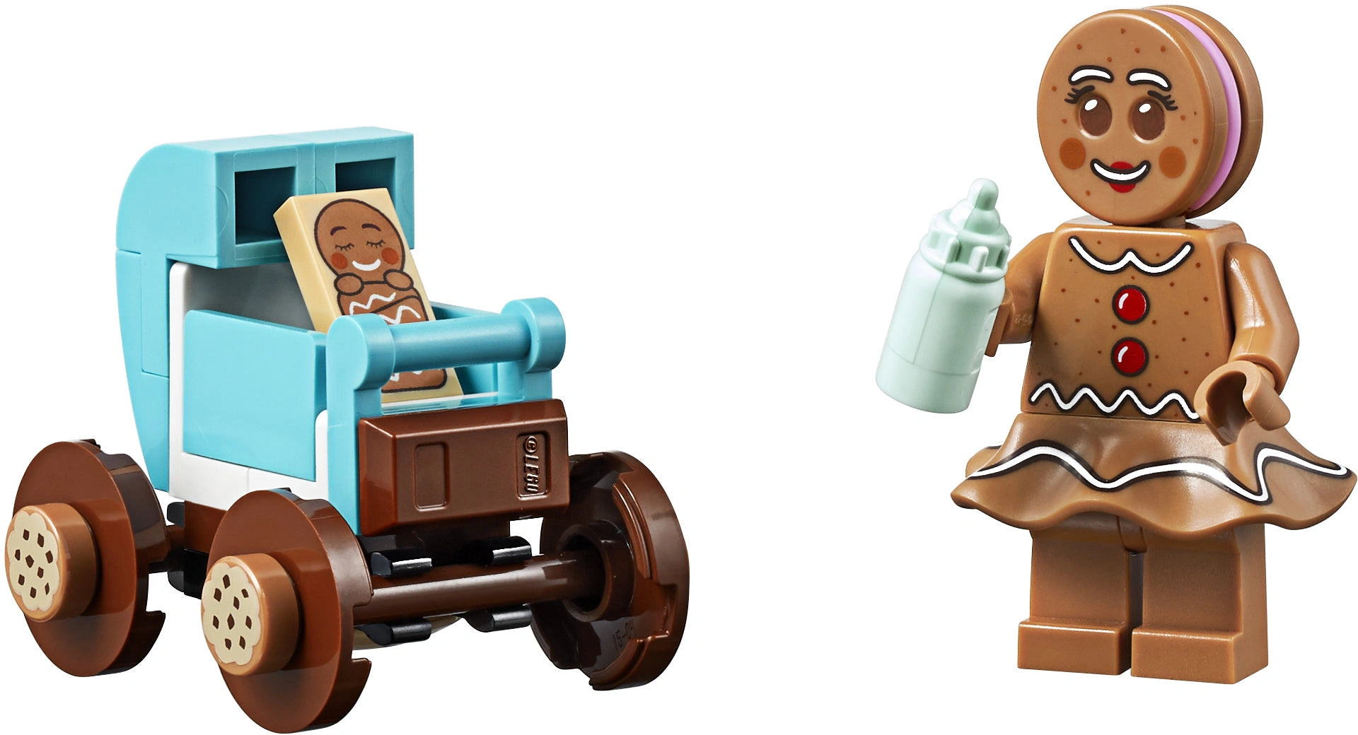 LEGO gingerbread man figure with a blue truck and bottle on a white background