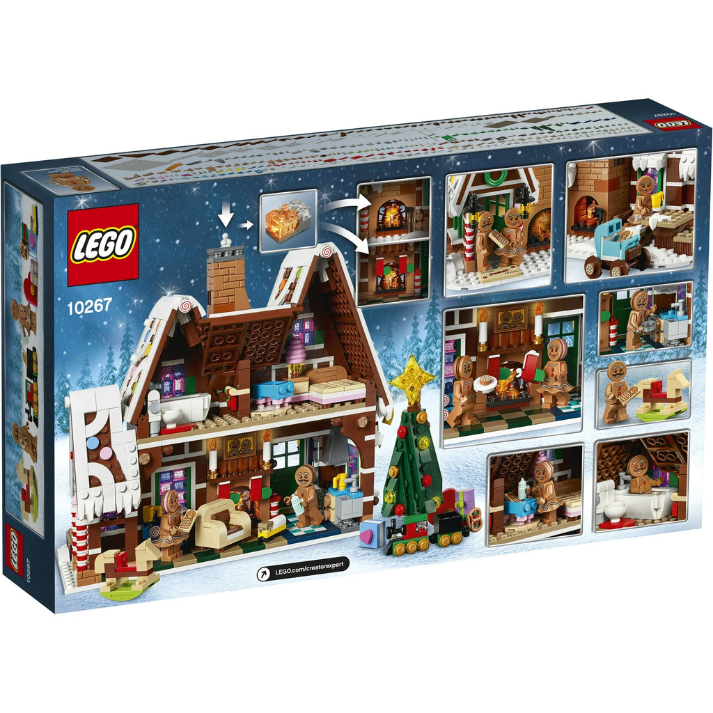 LEGO Gingerbread House set packaging with various gingerbread people and decorations.