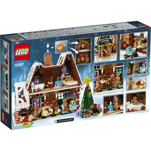 LEGO Gingerbread House set packaging with various gingerbread people and decorations.