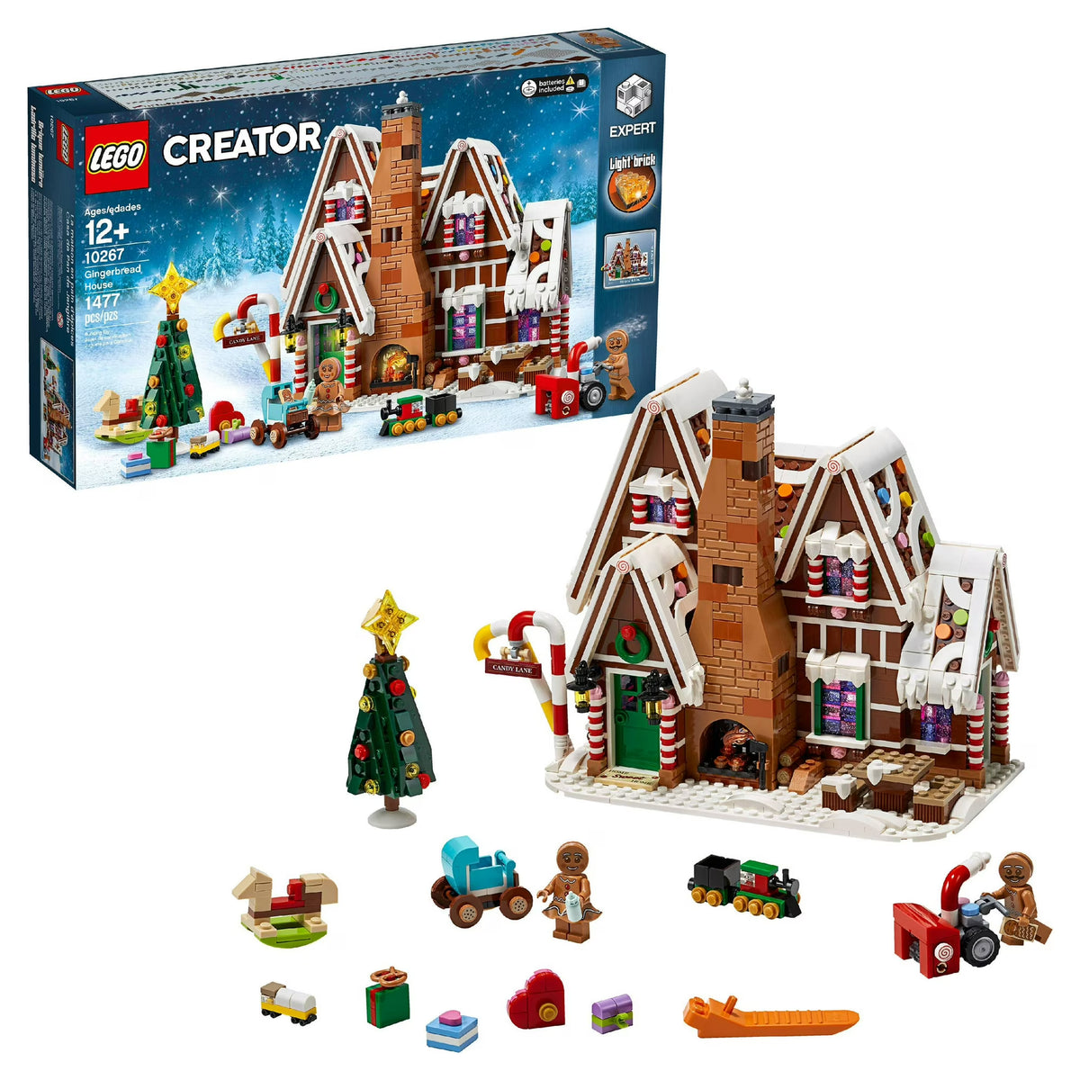 LEGO Creator Gingerbread House set with packaging and various pieces on a white background