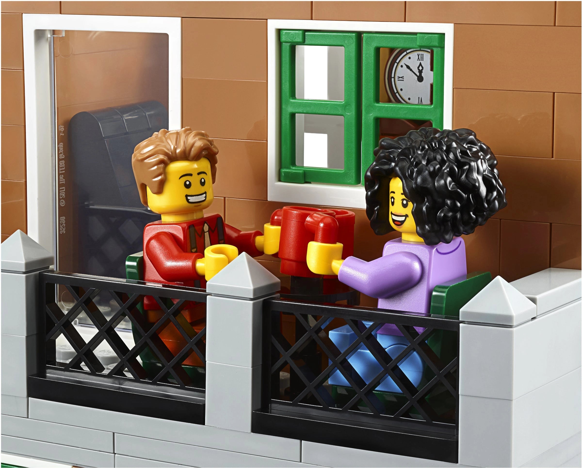 Two LEGO figures standing behind a fence with a clock in the background