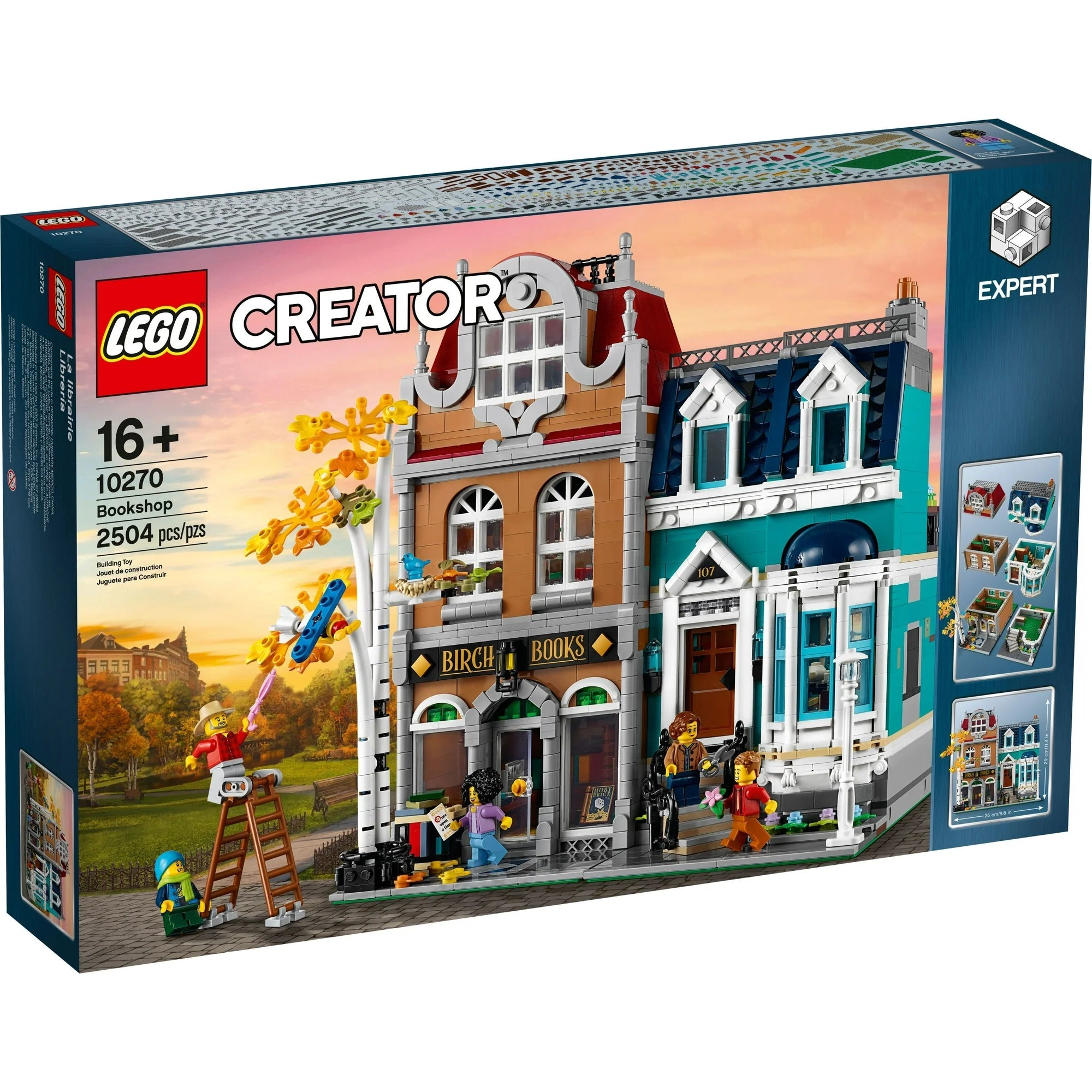 LEGO Creator Expert Bookshop set packaging with colorful building model on the front.