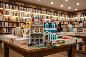 LEGO model of a building on a table in a bookstore