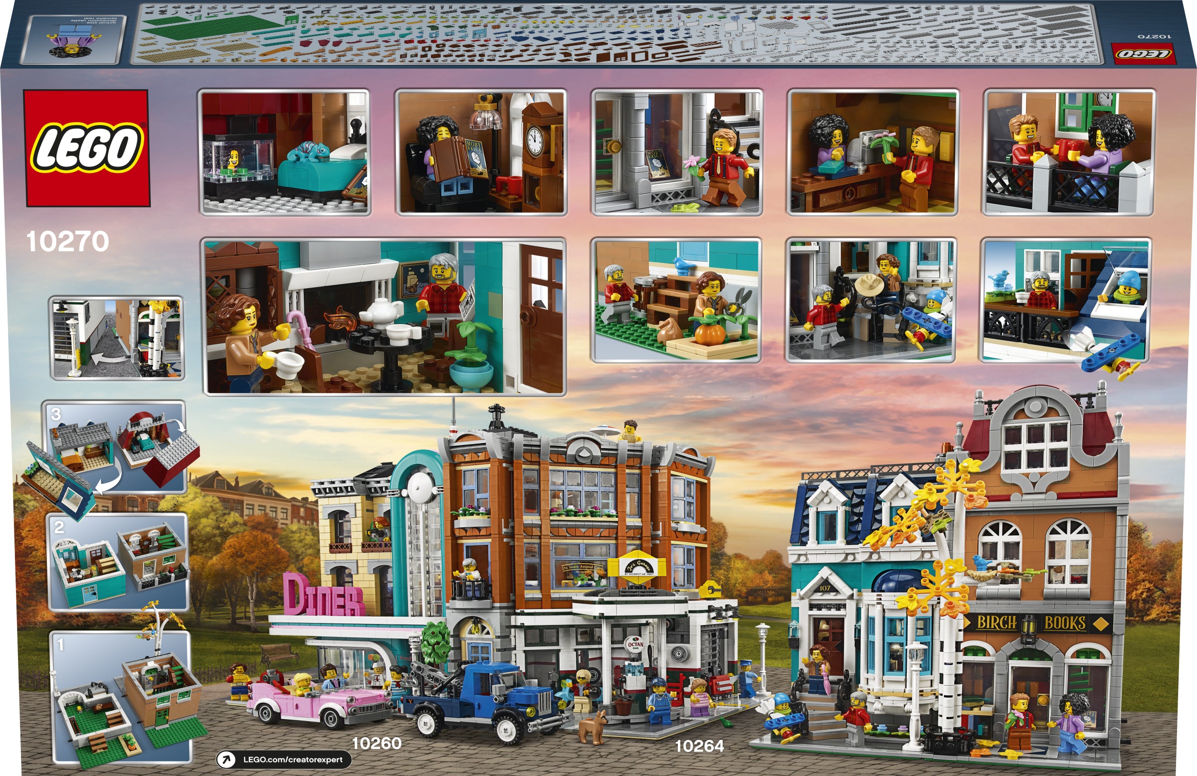 LEGO set packaging with various scenes and a diner model.