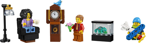 Set of LEGO figures and items including a clock, lamp, and people with accessories.