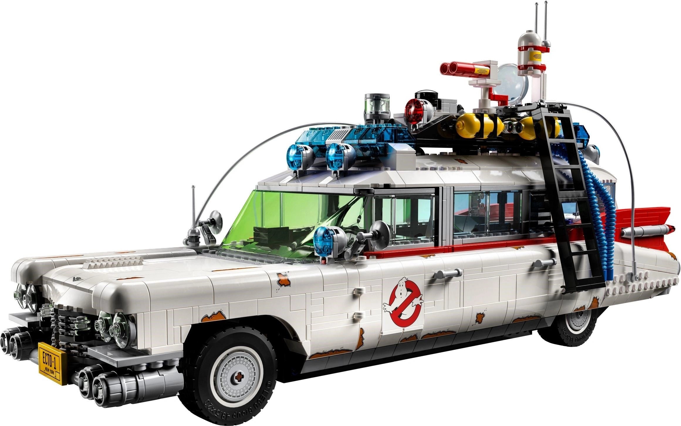 LEGO model of a Ghostbusters Ecto-1 vehicle on a white background