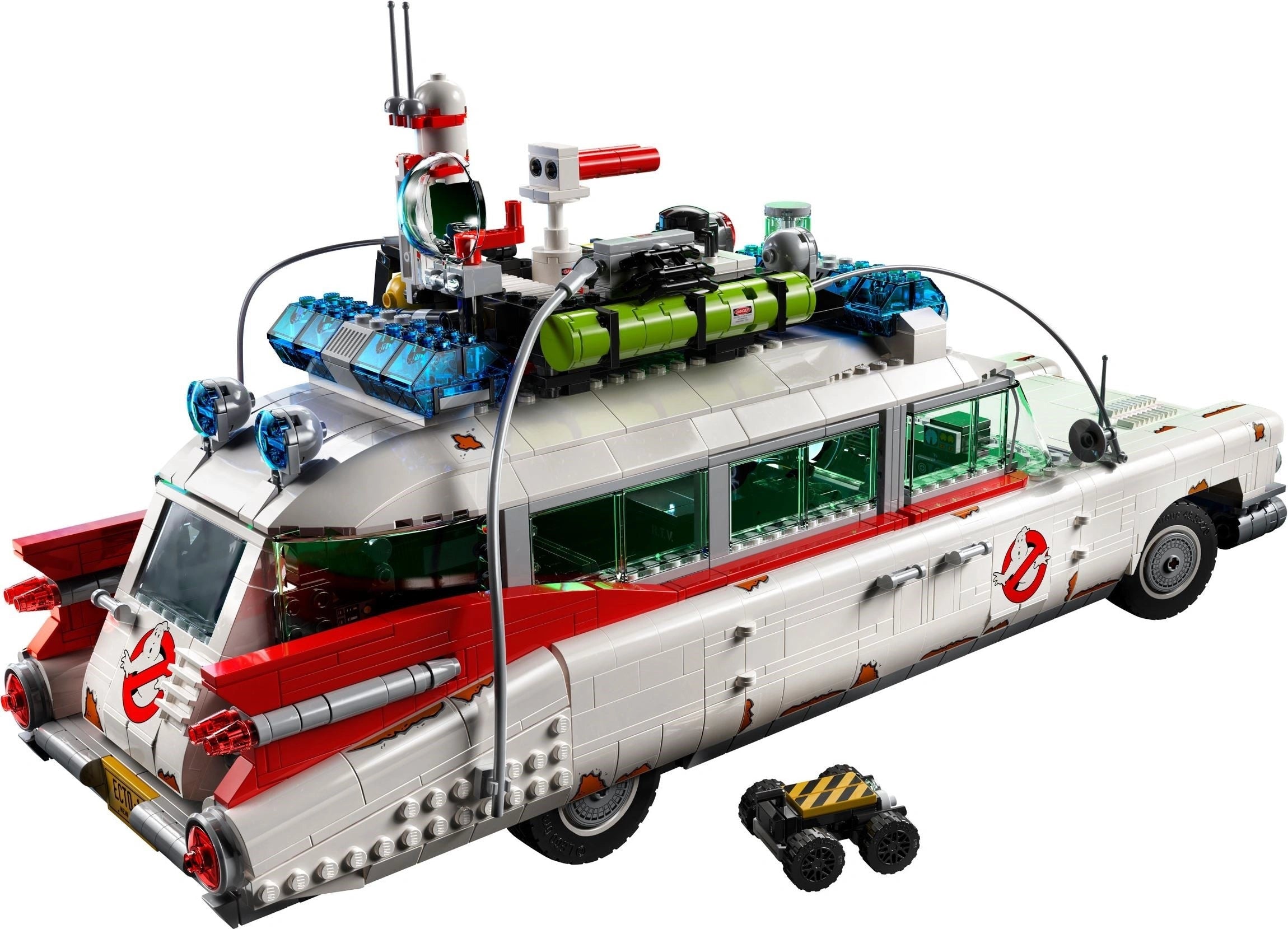 LEGO model of a vehicle resembling the Ecto-1 from 'Ghostbusters' on a white background