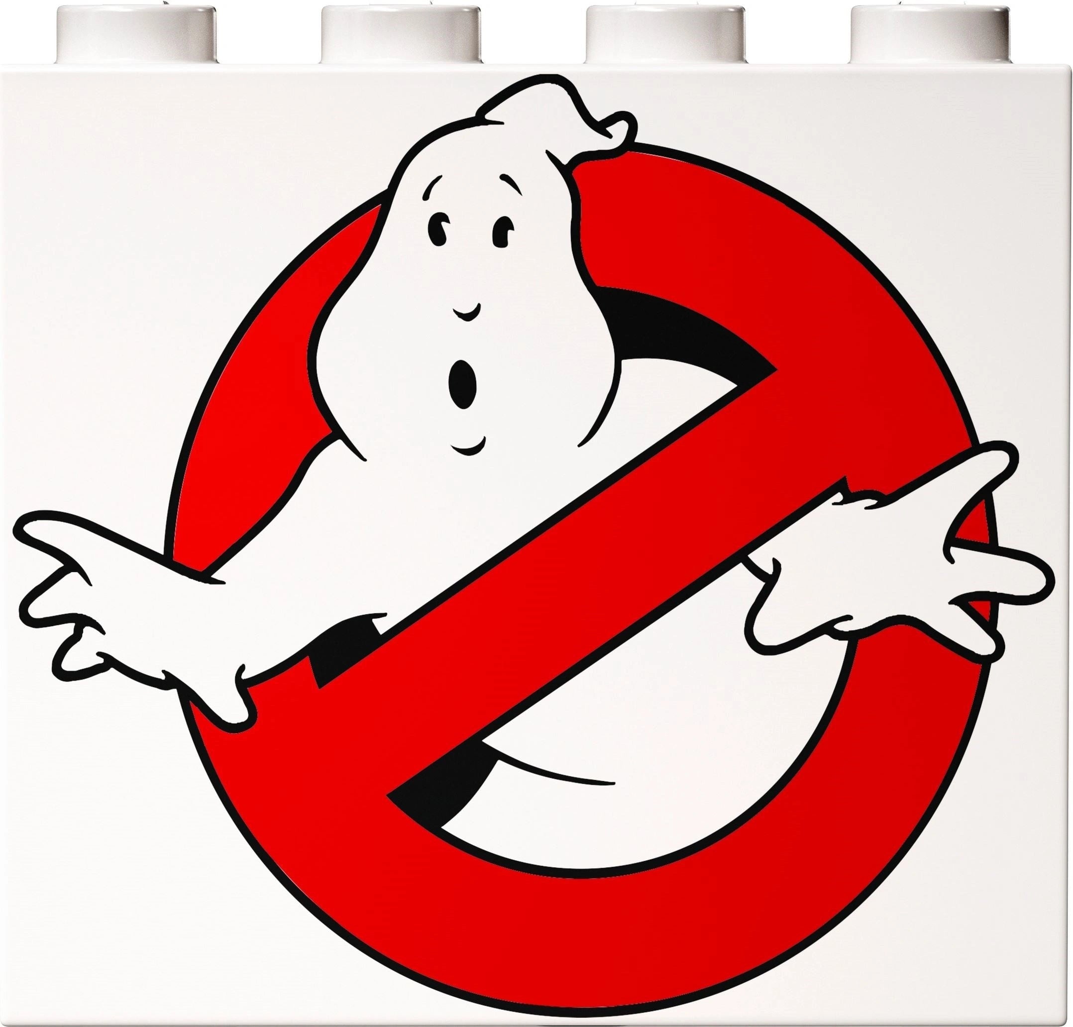 Ghostbusters logo with a ghost character on a white background