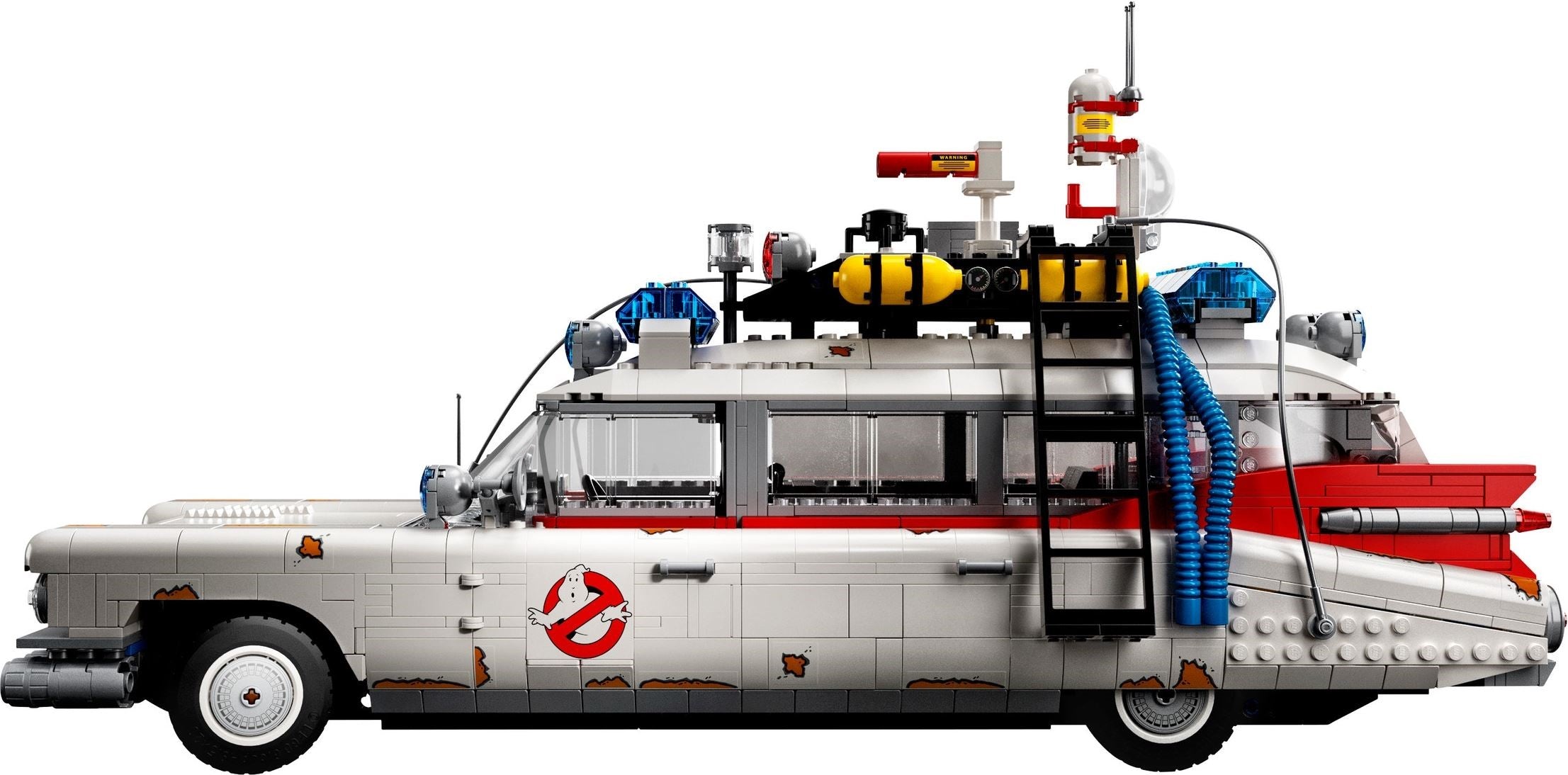 LEGO model of the Ghostbusters Ecto-1 vehicle on a white background