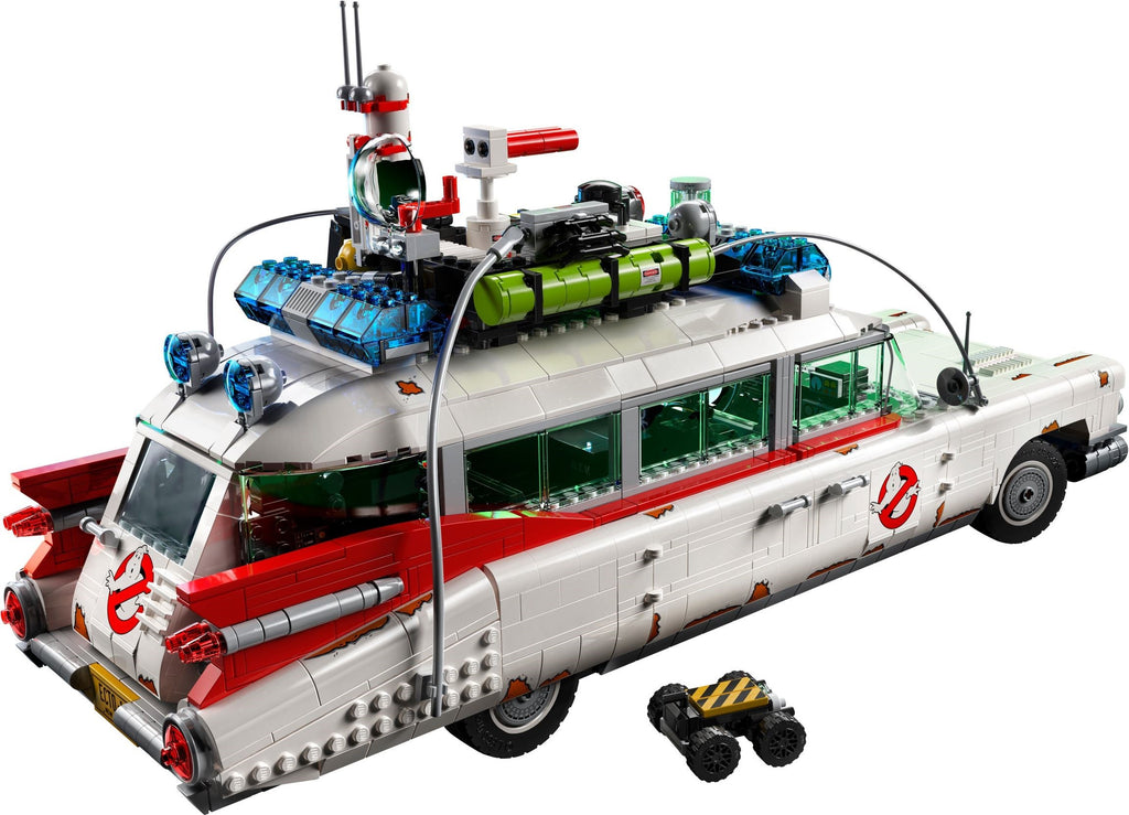 LEGO model of a Ghostbusters Ecto-1 vehicle on a white background