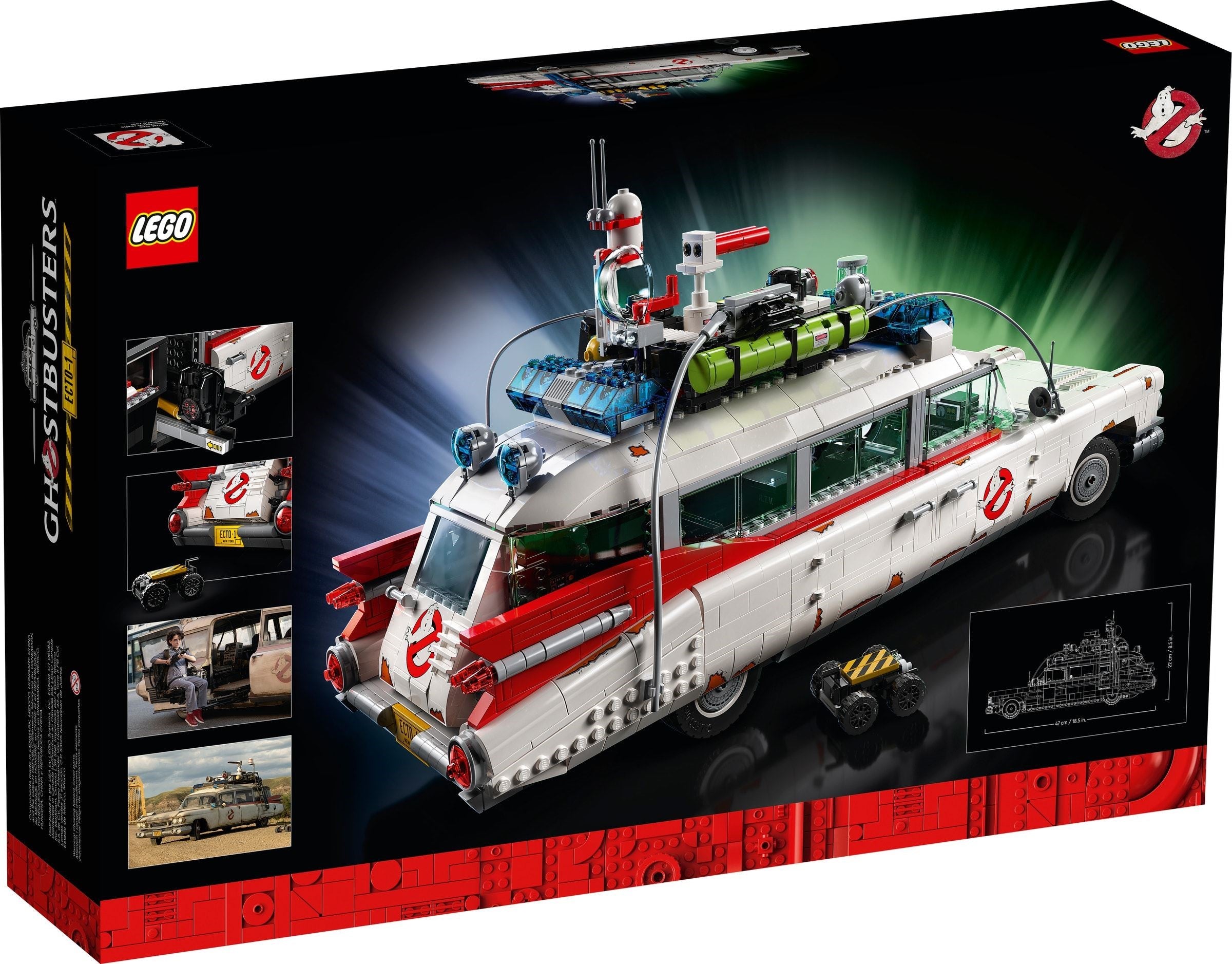 LEGO Ghostbusters Ecto-1 set packaging with vehicle and ghost catcher on a black background