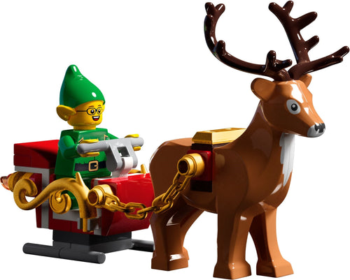 LEGO reindeer with a sleigh and elf driver on a white background