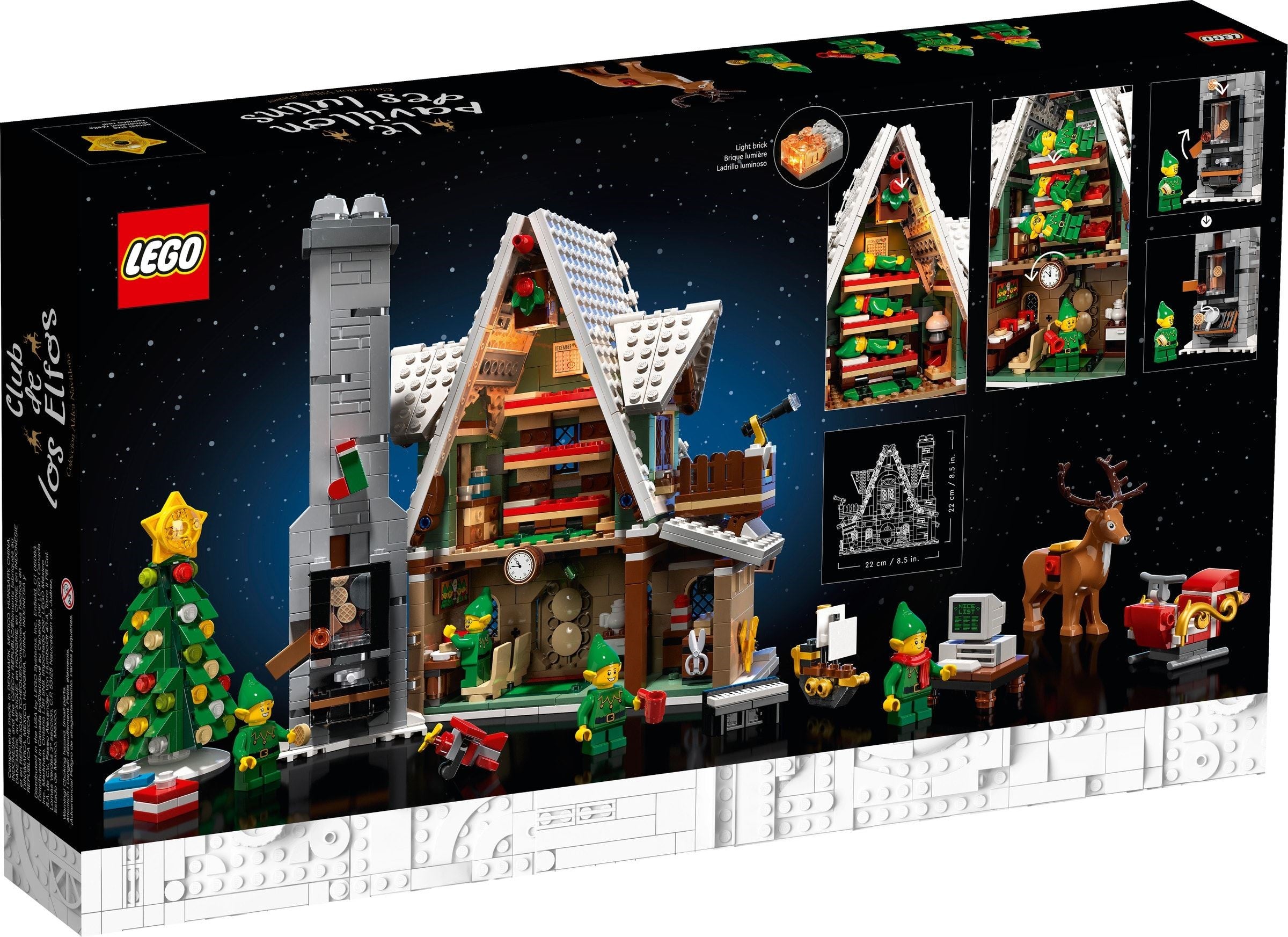 LEGO set packaging with festive scene and Christmas tree on a black background