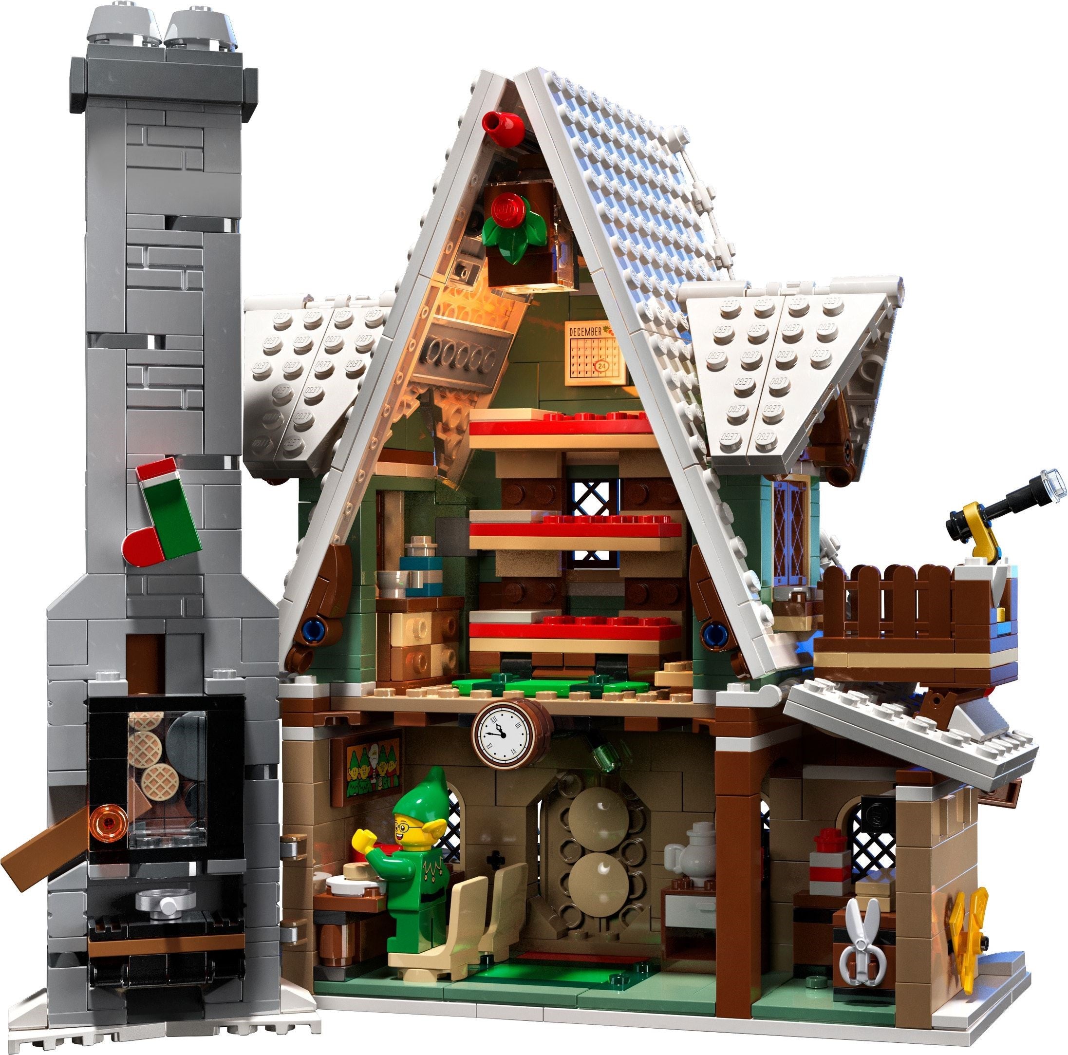Toy house model with detailed interior and a character inside, on a white background