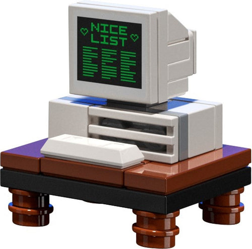 Toy computer model with a screen displaying 'NICE LIST' on a white background